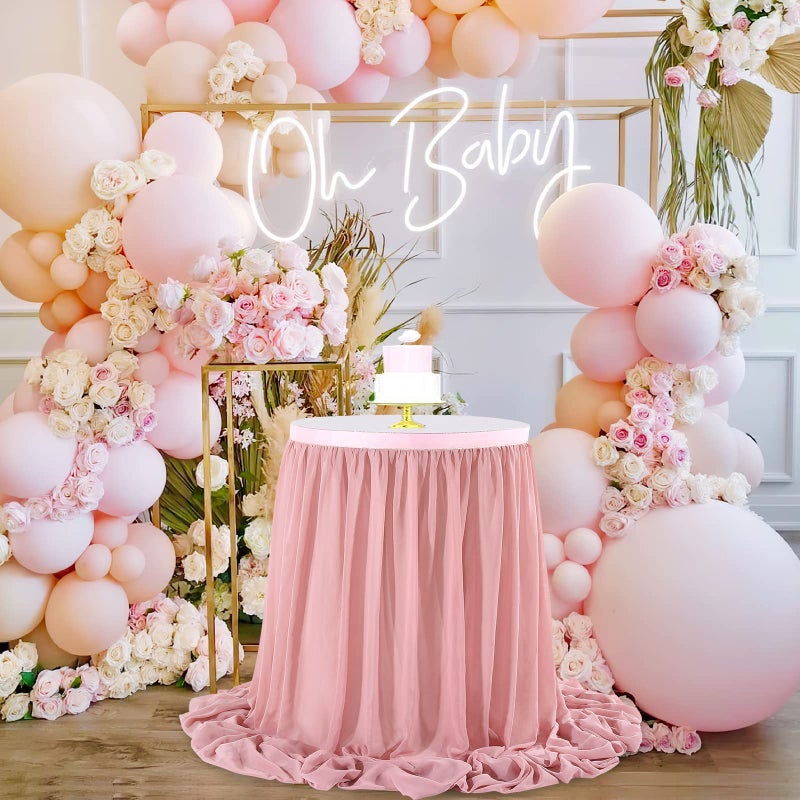 QueenDream Dusty Rose 6ft Table Skirt for Rectangle Tables or Round Tables Sheer Tablecloth for Baby Girl Birthday Princess Party Wedding Table Decor - Image 4